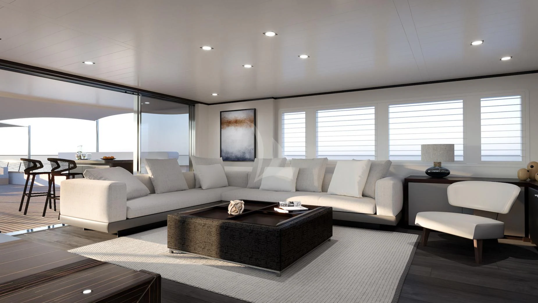 a living room with a large window aboard EMERALD Yacht for Charter