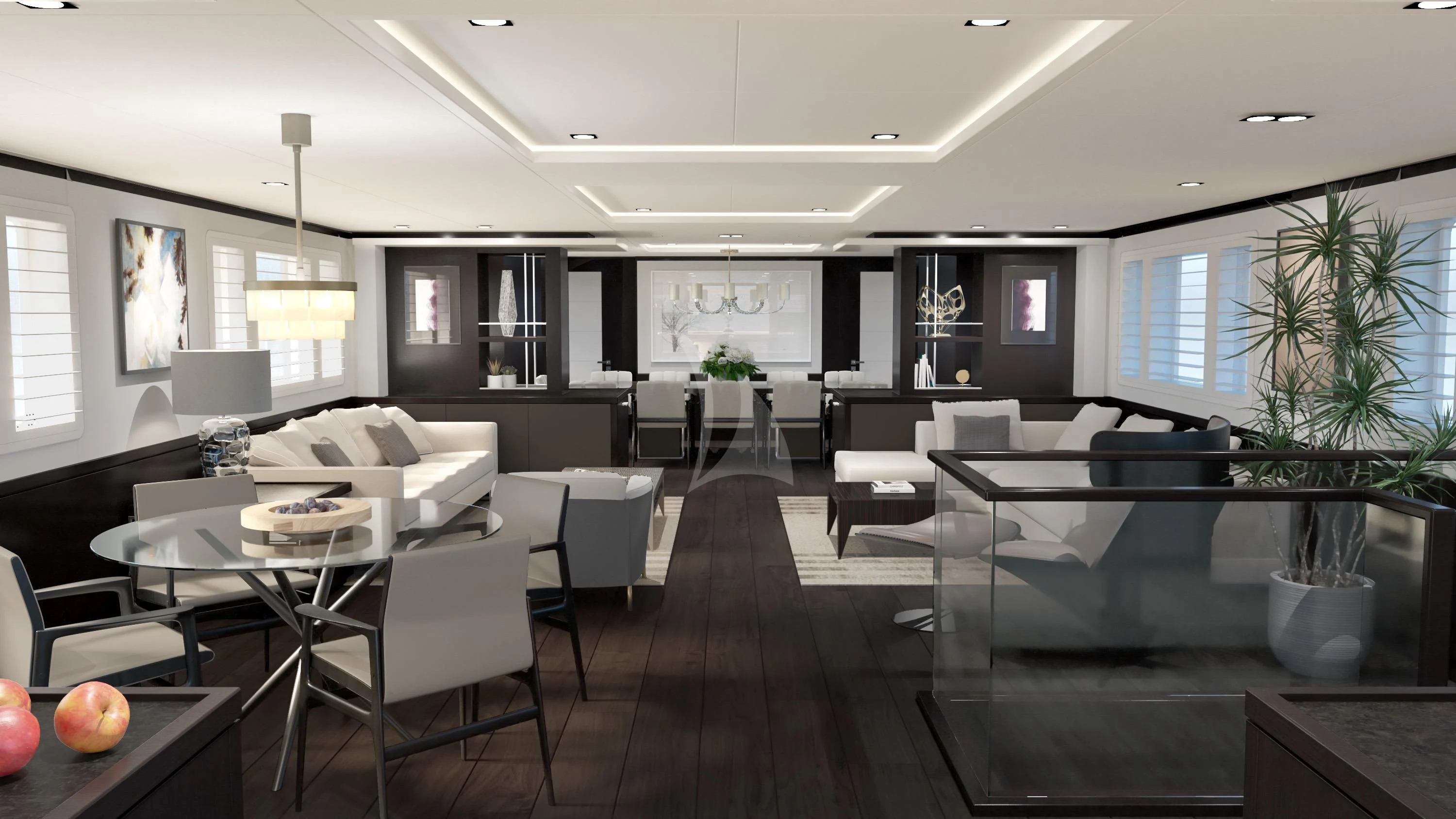 a large room with a table and chairs and a large window aboard EMERALD Yacht for Charter