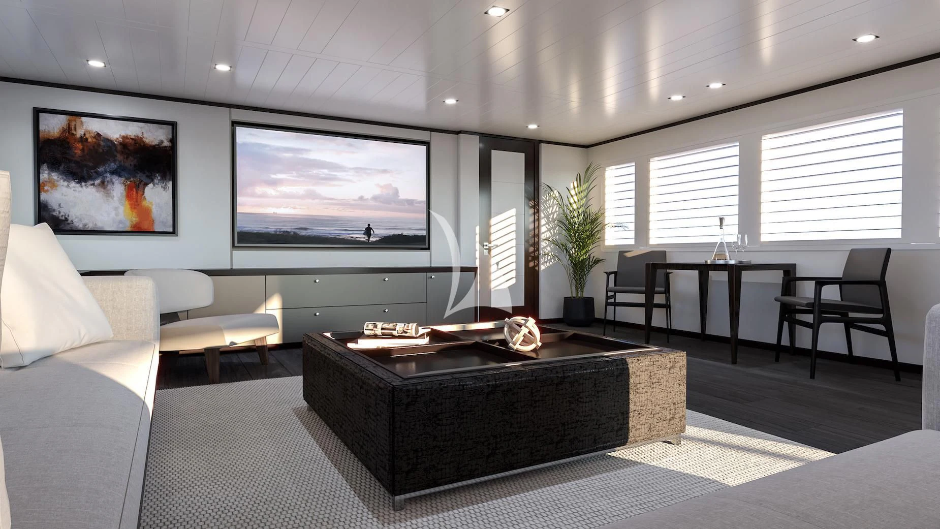 a living room with a large tv aboard EMERALD Yacht for Charter