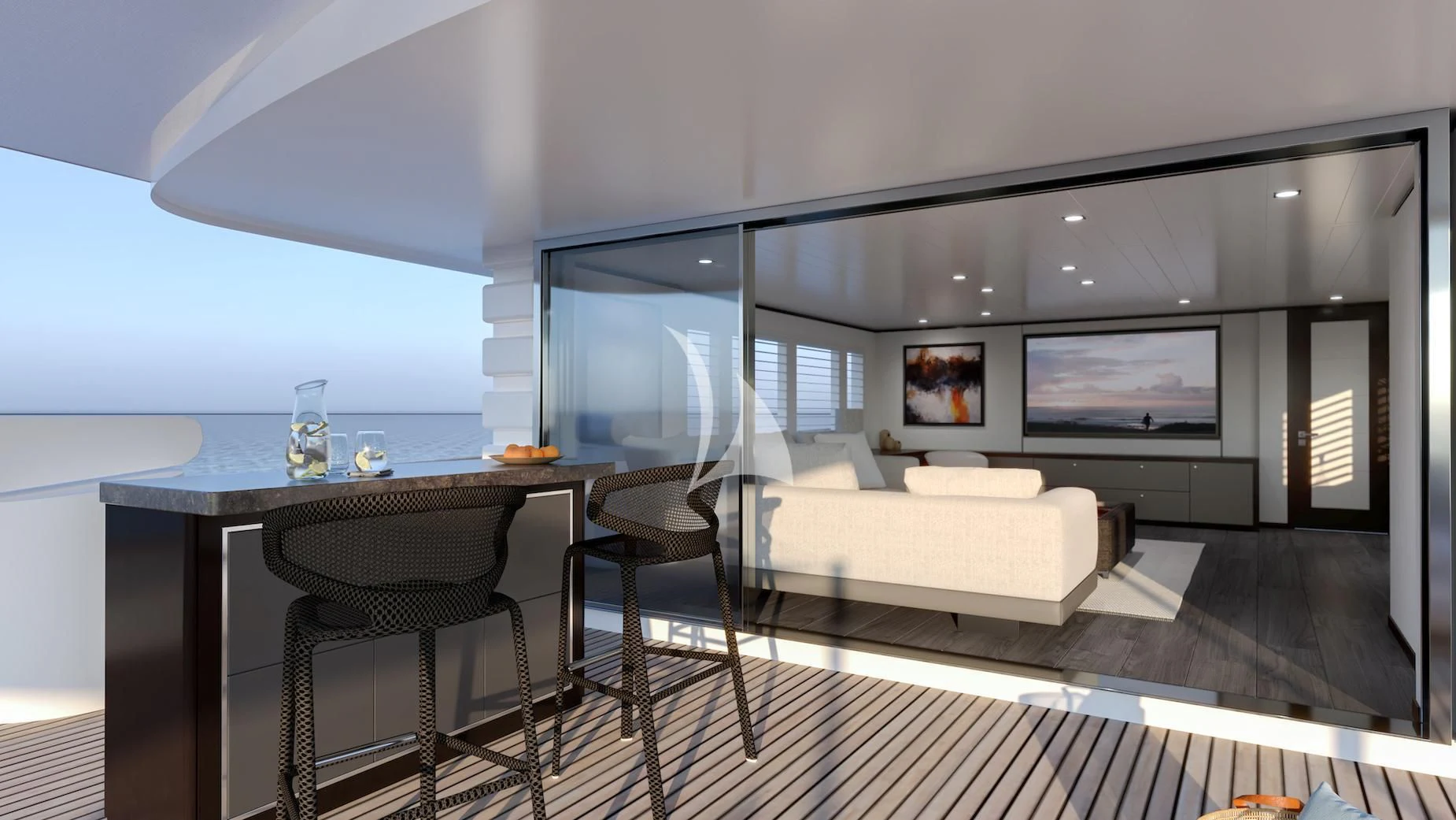 a living room with a table and chairs aboard EMERALD Yacht for Charter