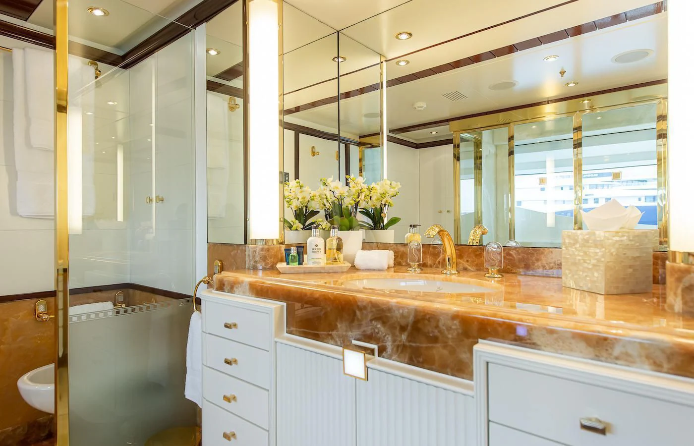 a bathroom with a large countertop aboard JAGUAR Yacht for Charter
