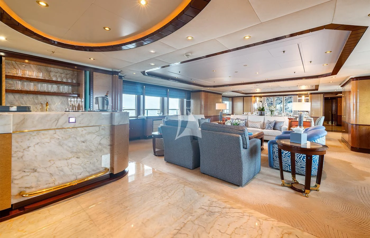 a large living room with a large open floor plan aboard JAGUAR Yacht for Charter