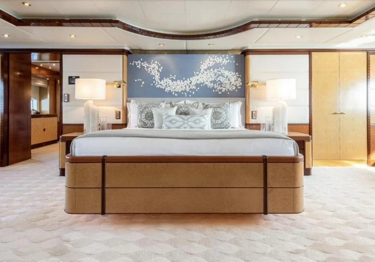 a large bed in a room aboard JAGUAR Yacht for Charter
