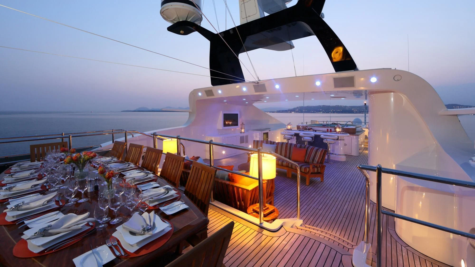 a ship with tables and chairs aboard JAGUAR Yacht for Charter
