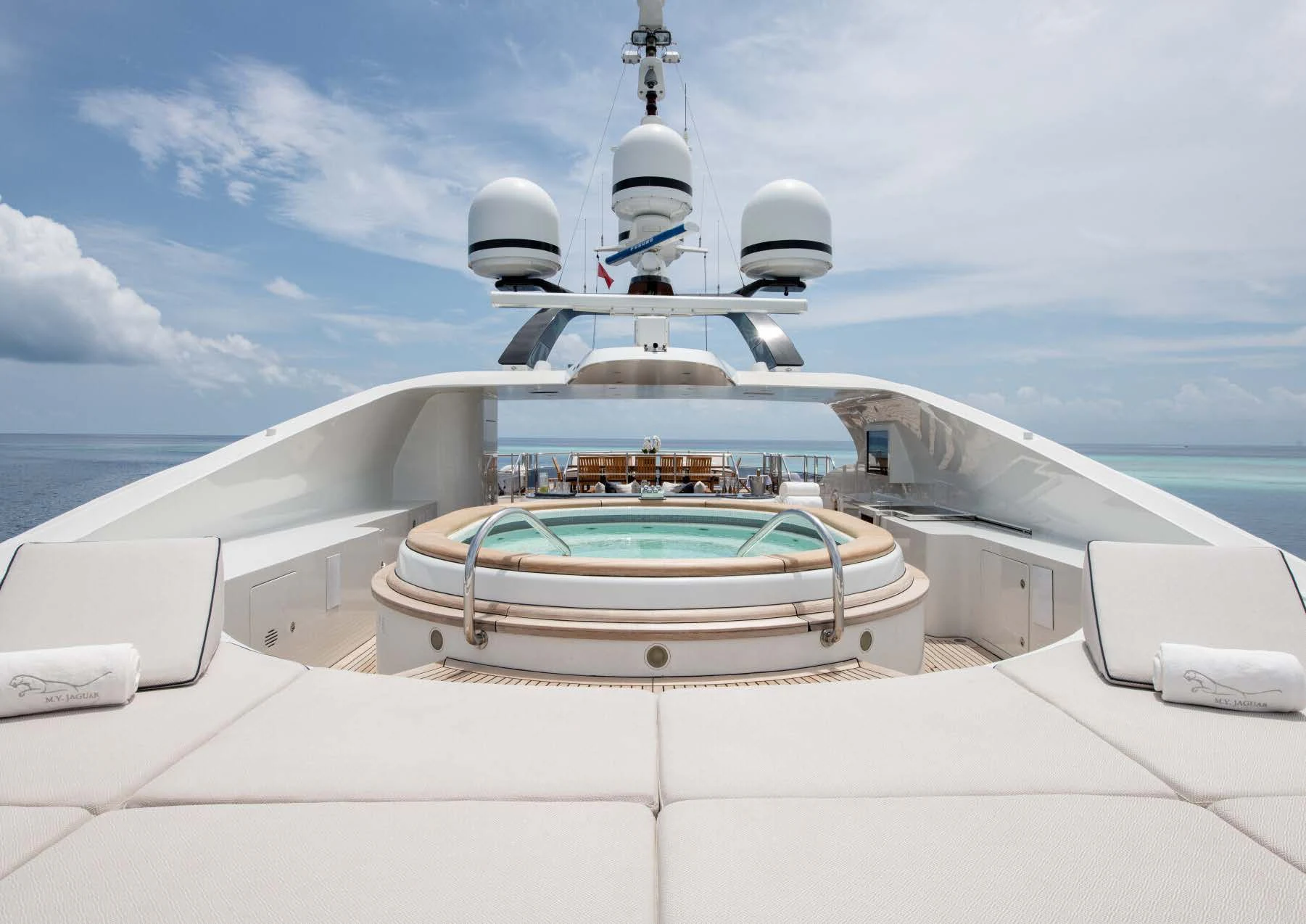 a close-up of a white boat aboard JAGUAR Yacht for Charter