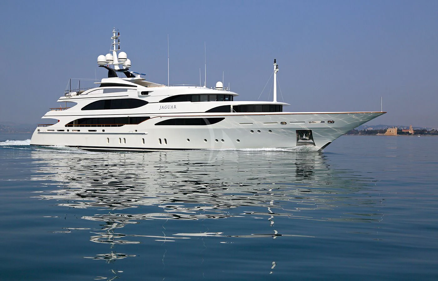a white yacht on the water aboard JAGUAR Yacht for Charter