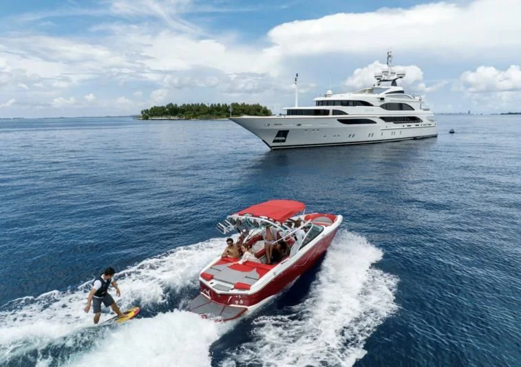 a boat is moving through the water aboard JAGUAR Yacht for Charter