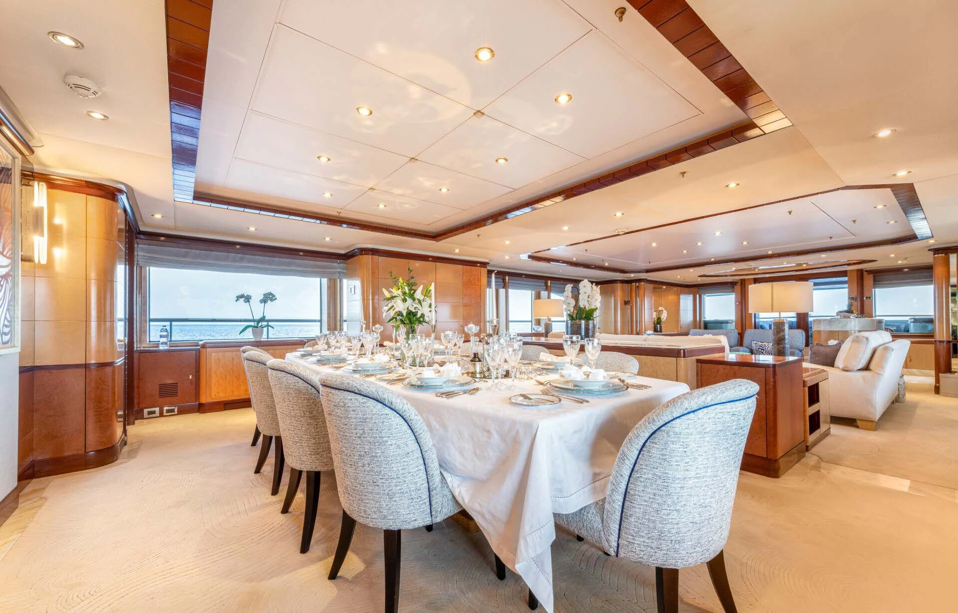 a large dining room with a large table and chairs aboard JAGUAR Yacht for Charter