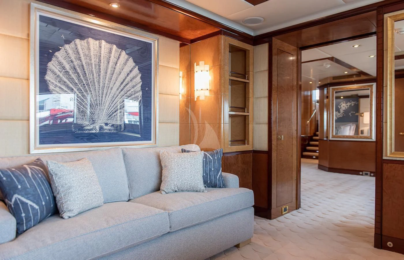 a living room with a large window aboard JAGUAR Yacht for Charter