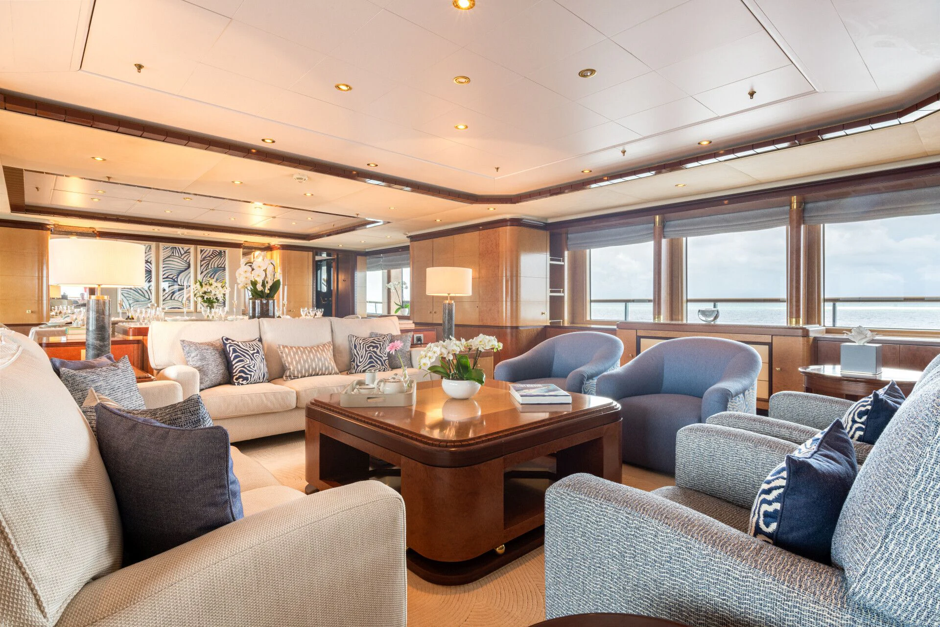 a living room with a large window aboard JAGUAR Yacht for Charter