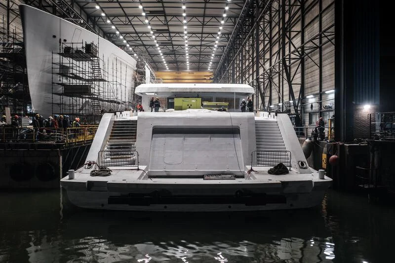 a boat in a large building aboard DRIZZLE Yacht for Sale