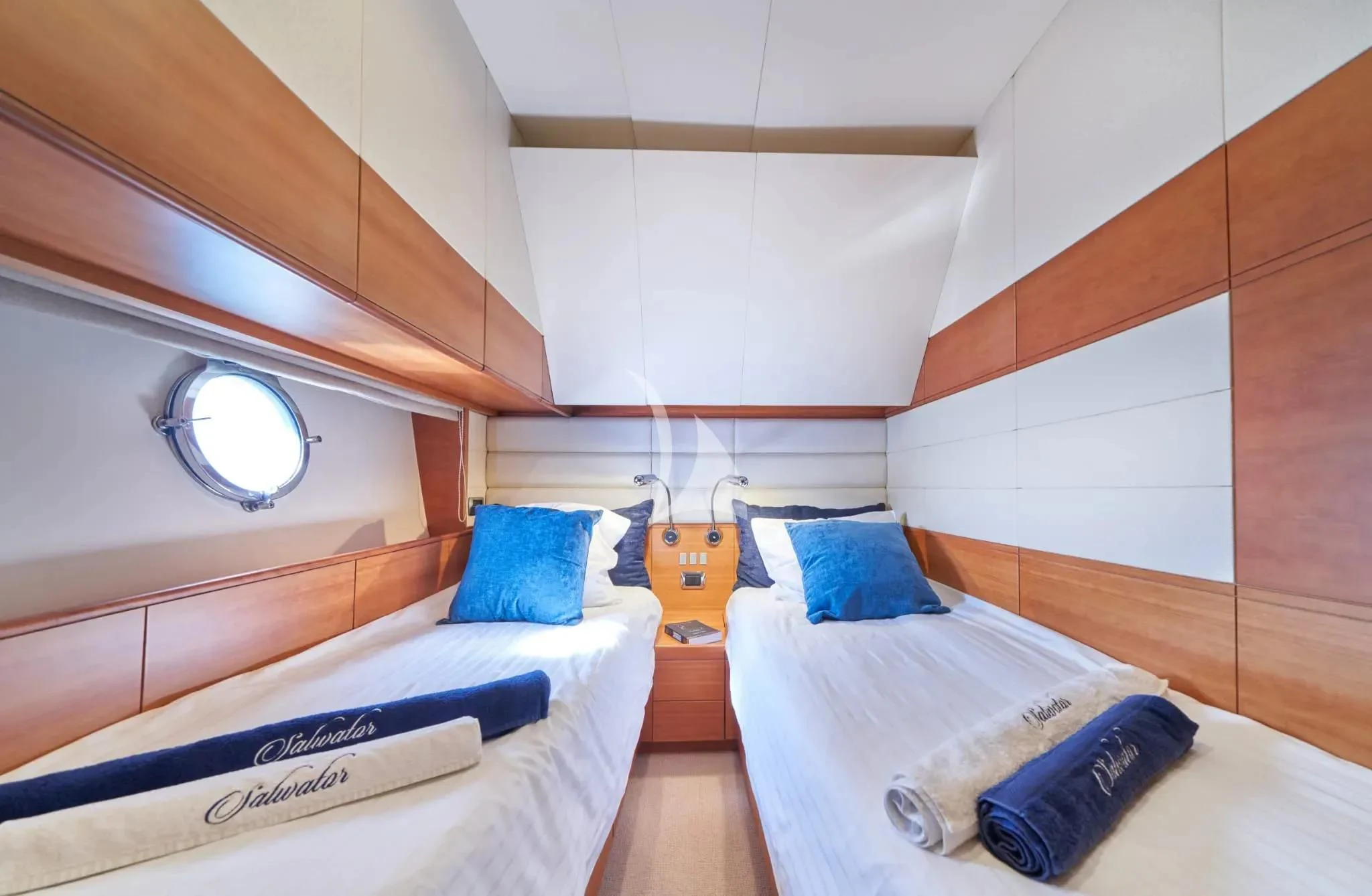a room with a bed and a window aboard W Yacht for Sale