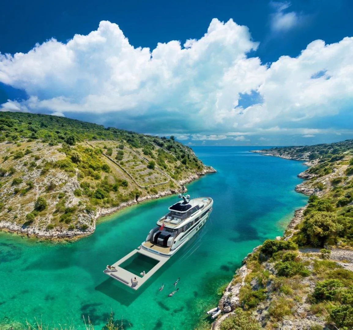a boat on the water aboard DYNAMIQ GLOBAL 350 Yacht for Sale