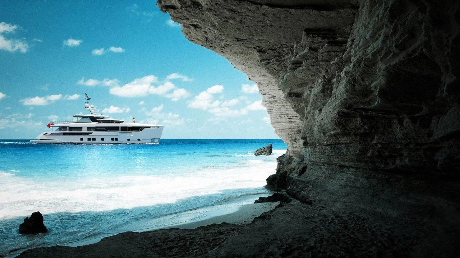 a boat in the water aboard DYNAMIQ GLOBAL 350 Yacht for Sale