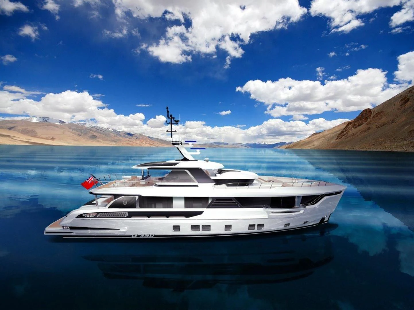 a white boat in the water aboard DYNAMIQ GLOBAL 350 Yacht for Sale
