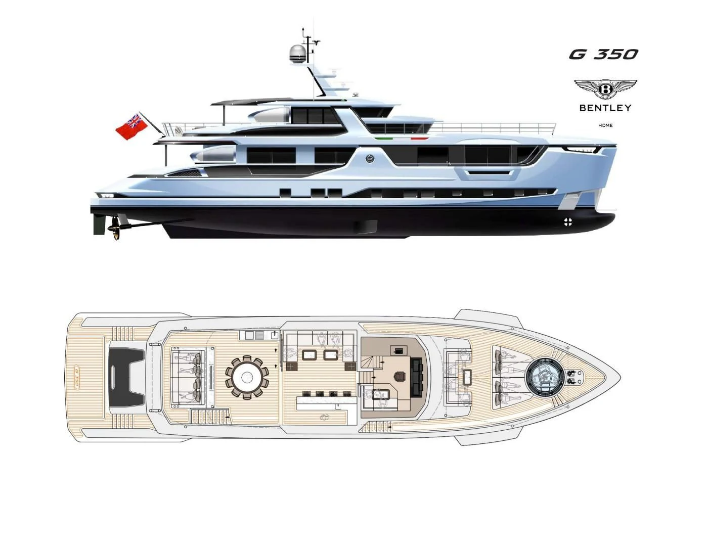 a grey and blue boat aboard DYNAMIQ GLOBAL 350 Yacht for Sale