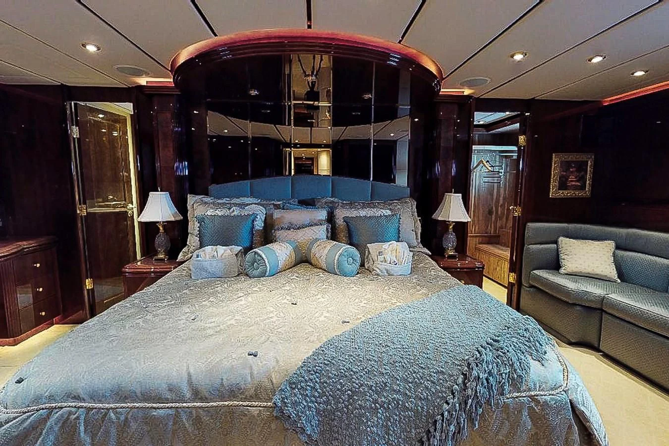 a large bed in a room aboard IDLETYME II Yacht for Sale
