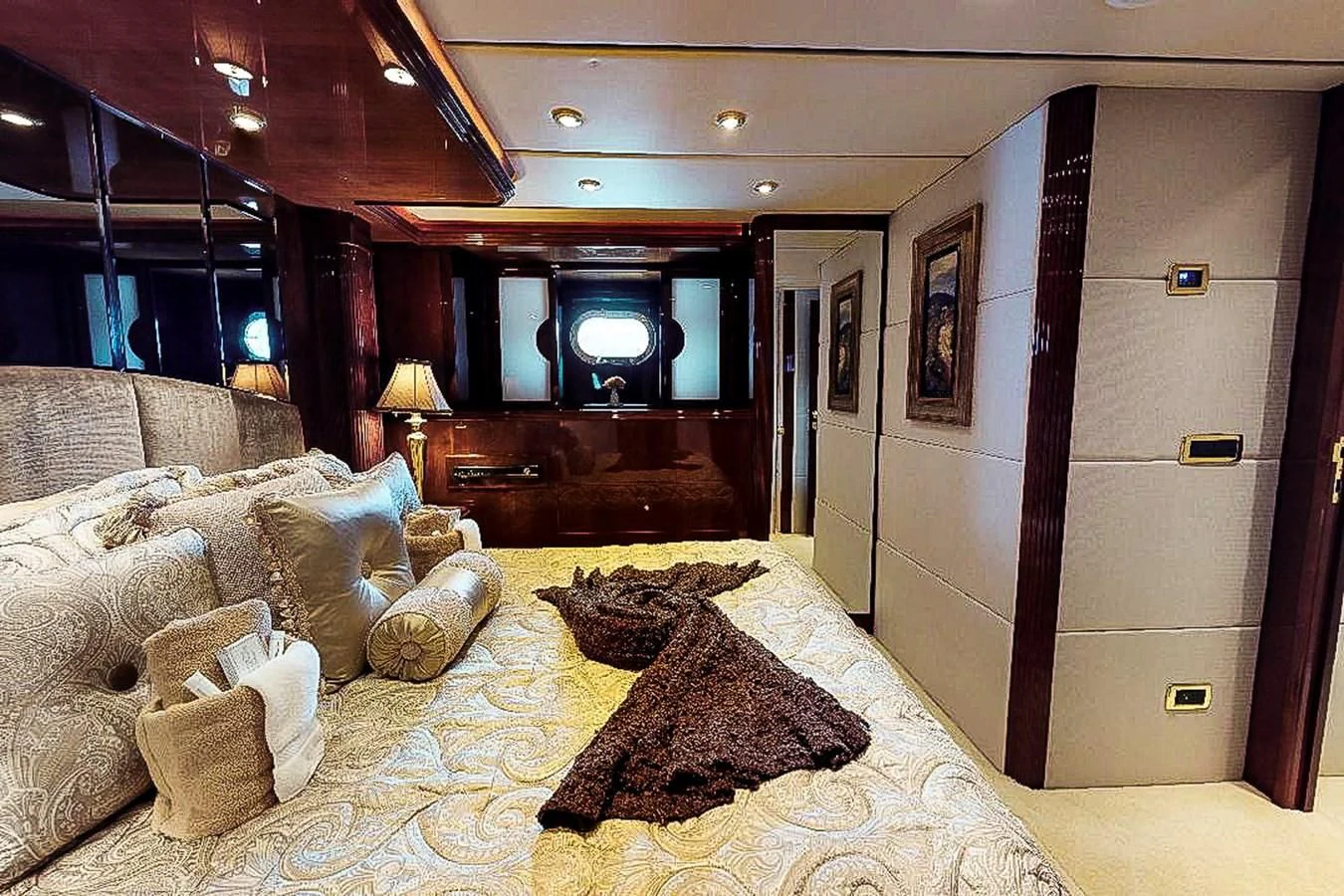 a large bed in a room aboard IDLETYME II Yacht for Sale