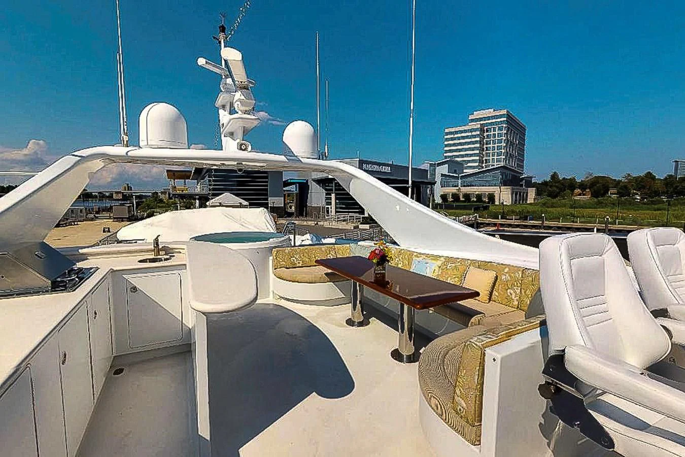 a large white building with a satellite dish on top aboard IDLETYME II Yacht for Sale