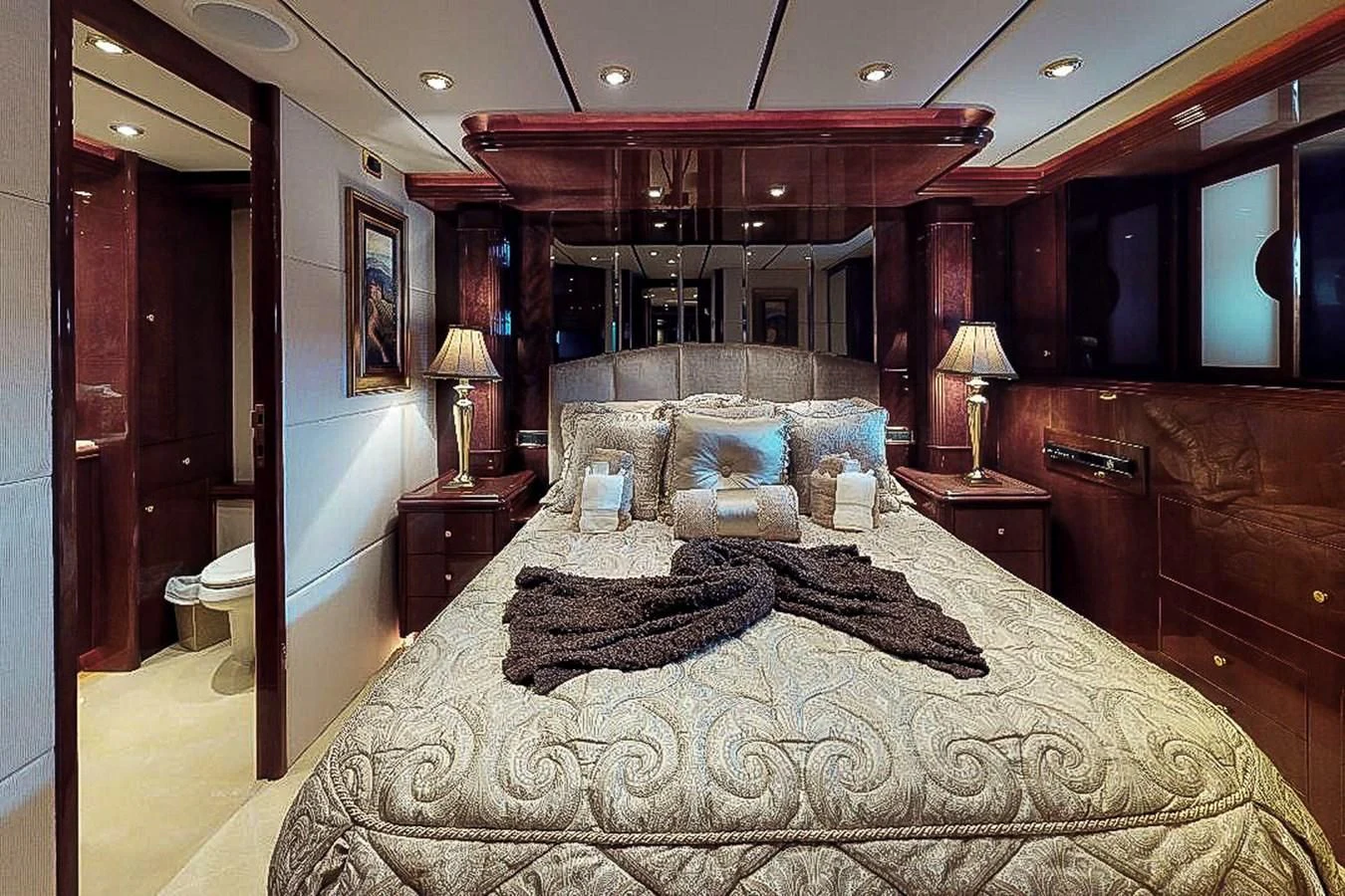a bed in a room aboard IDLETYME II Yacht for Sale