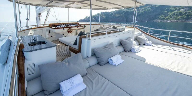 a boat with pillows on it aboard AVENTURA Yacht for Sale