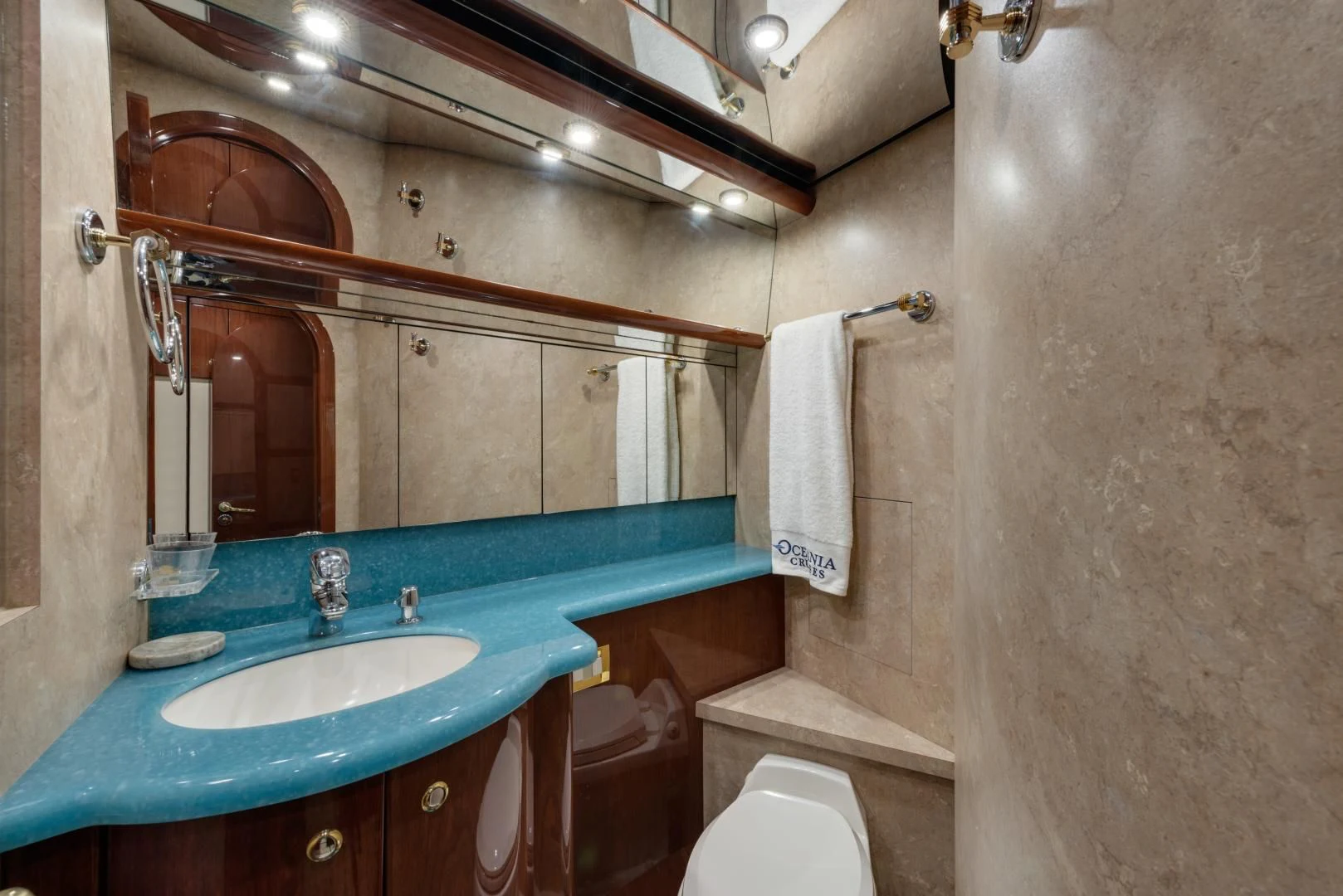 a bathroom with a sink and a mirror aboard CLEW LESS Yacht for Sale