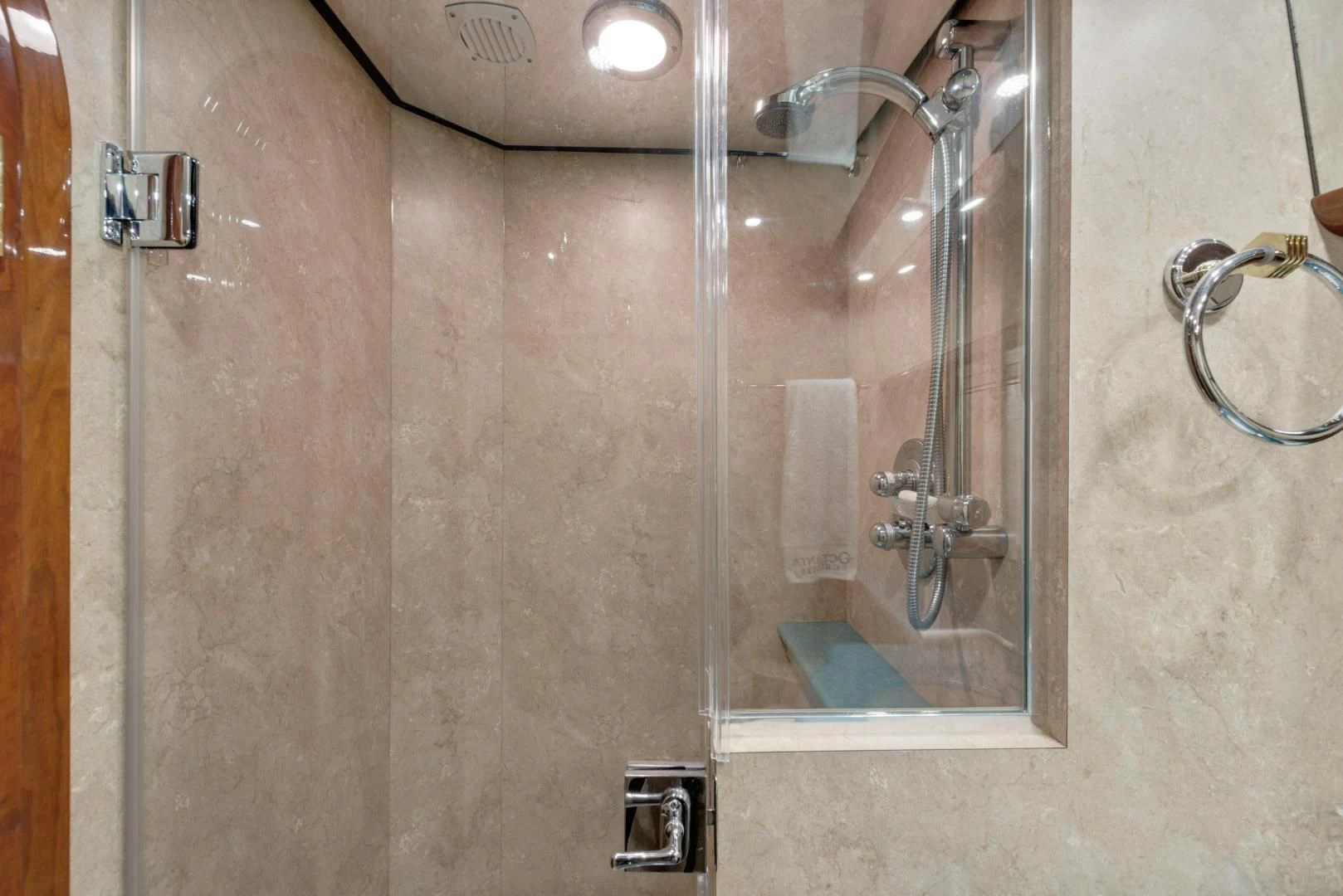 a shower with a glass door aboard CLEW LESS Yacht for Sale