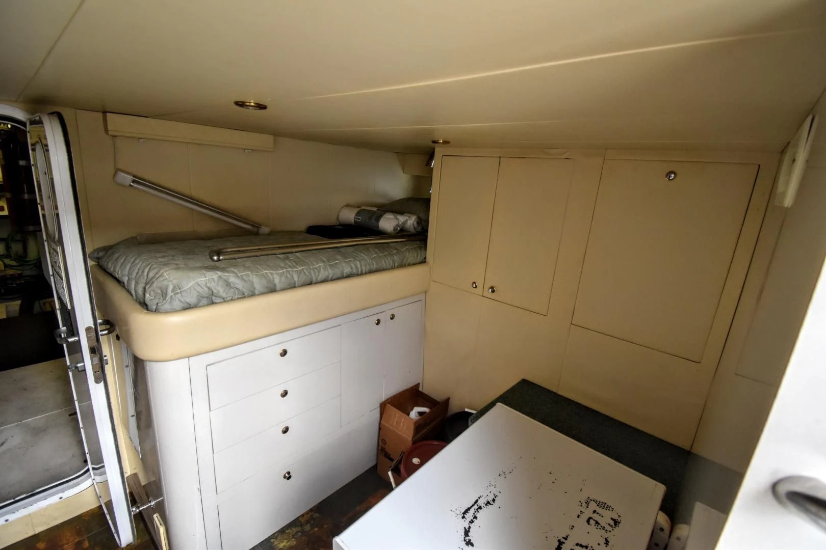 a small kitchen with a sink aboard CLEW LESS Yacht for Sale