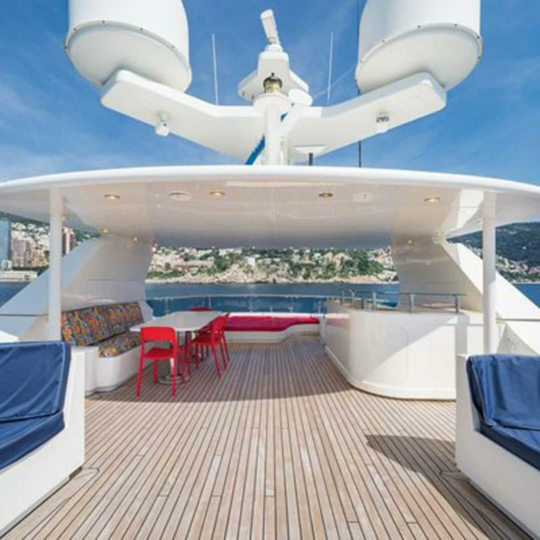 a large white airplane with chairs around it aboard IRAMA Yacht for Sale