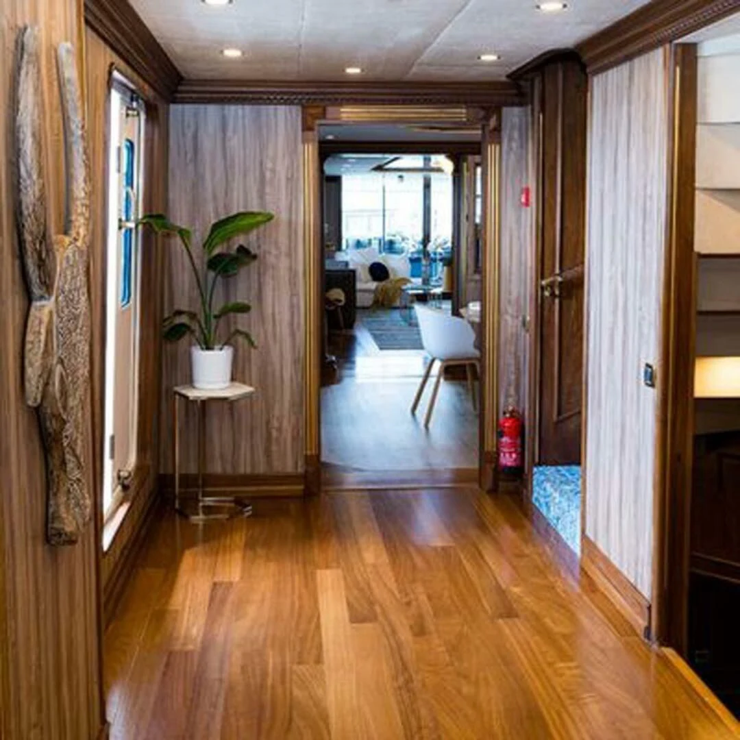 a hallway with a plant on the wall aboard IRAMA Yacht for Sale