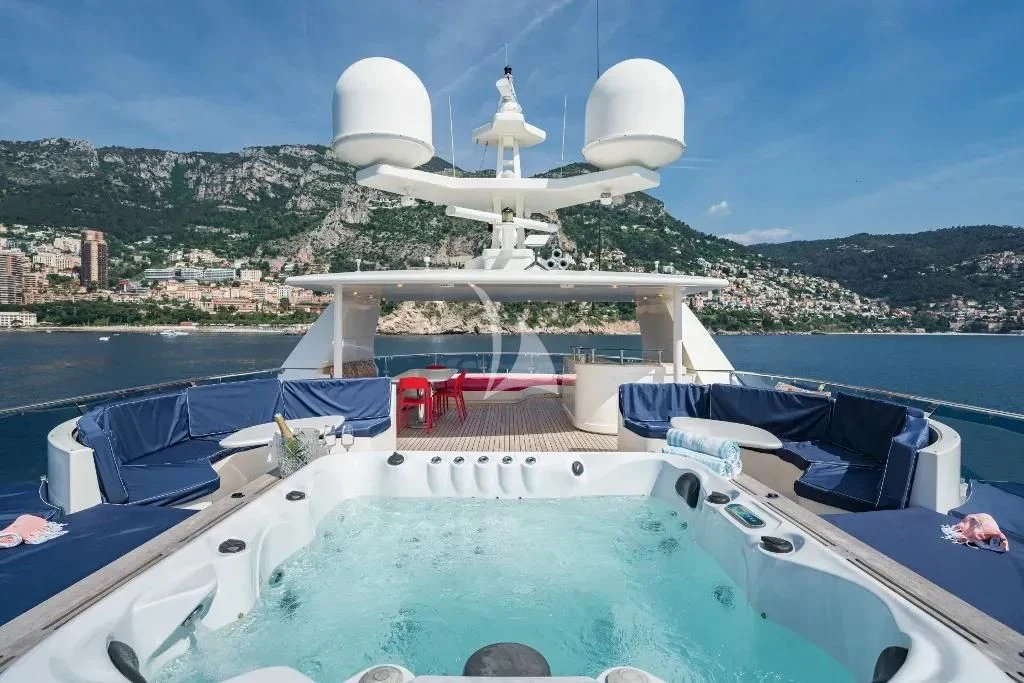 a large white boat with a white cone on it aboard IRAMA Yacht for Sale