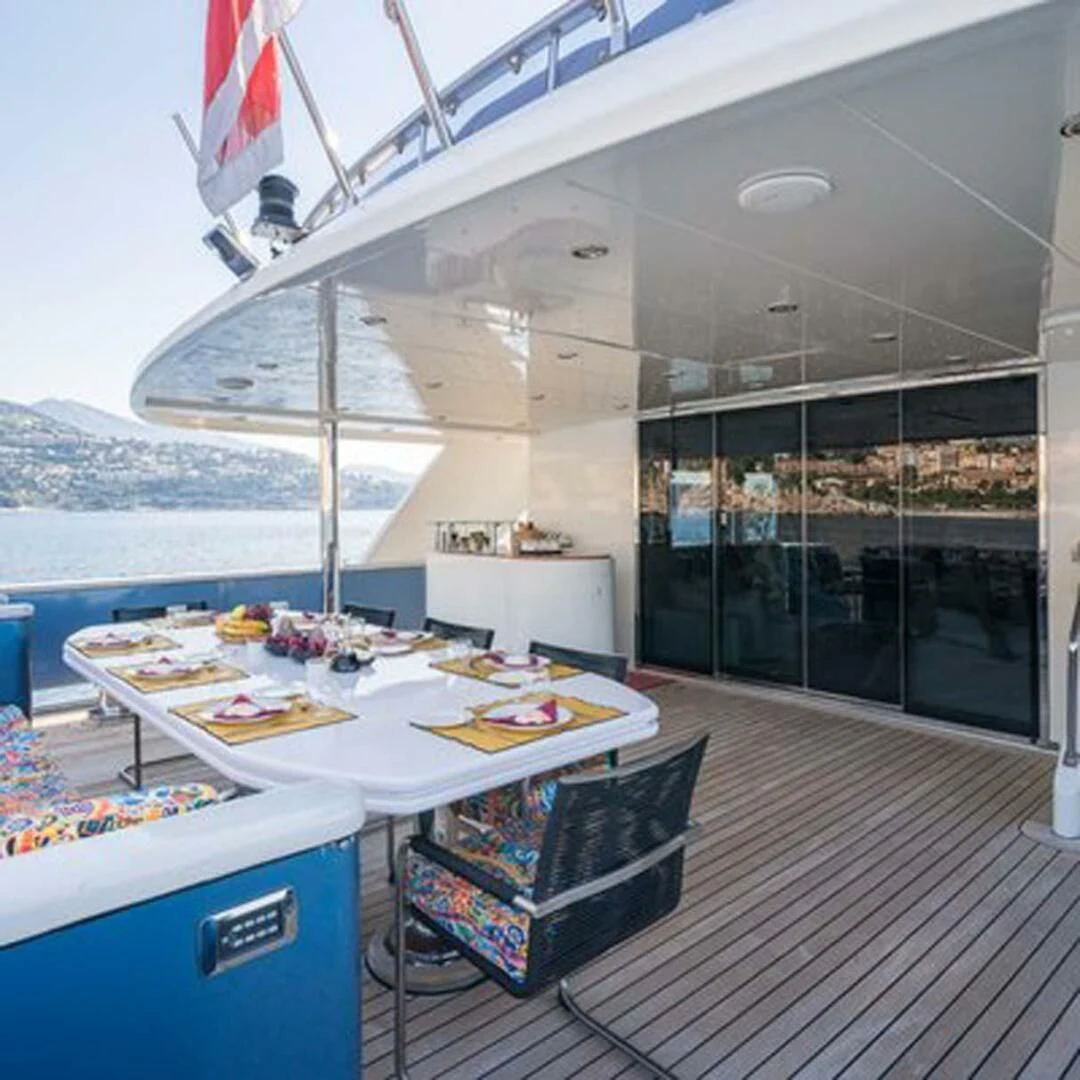 a table with food on it aboard IRAMA Yacht for Sale