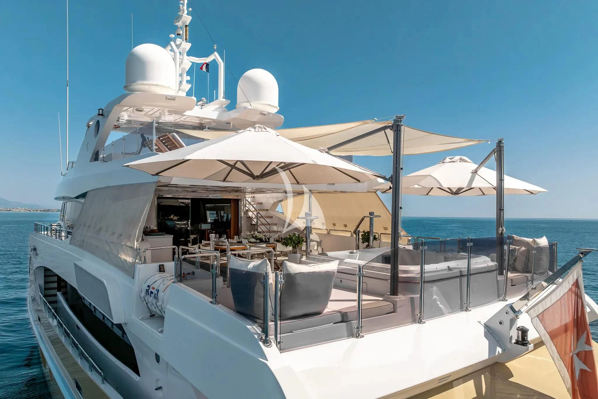 a boat with a white canopy aboard GRAND CRU Yacht for Sale