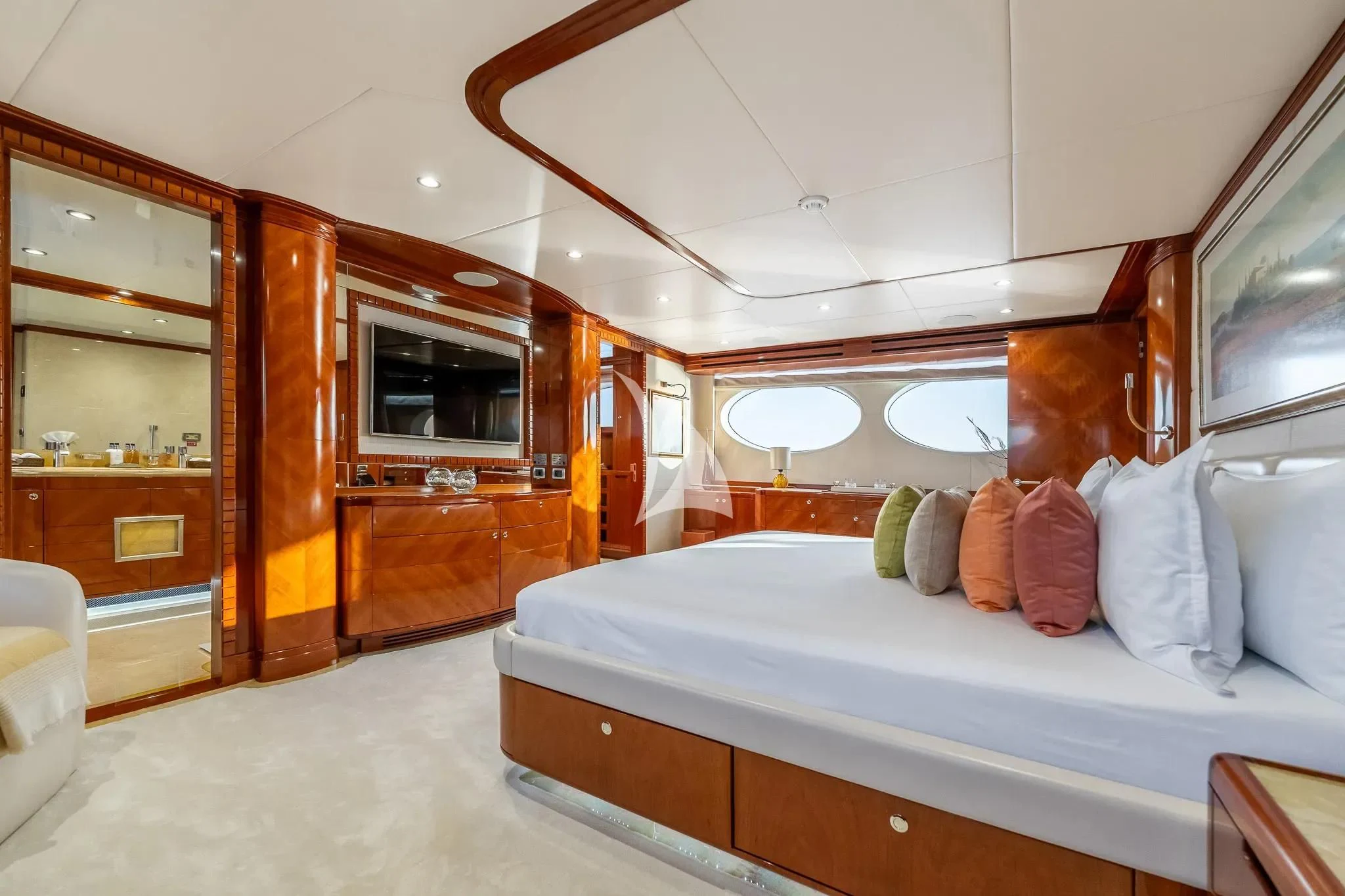 a bed in a room aboard GRAND CRU Yacht for Sale
