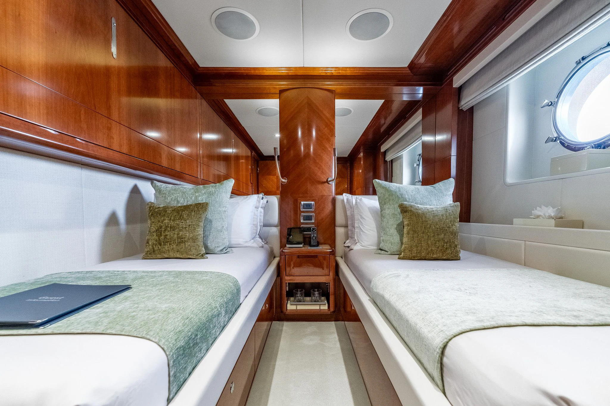 a room with two beds aboard GRAND CRU Yacht for Sale