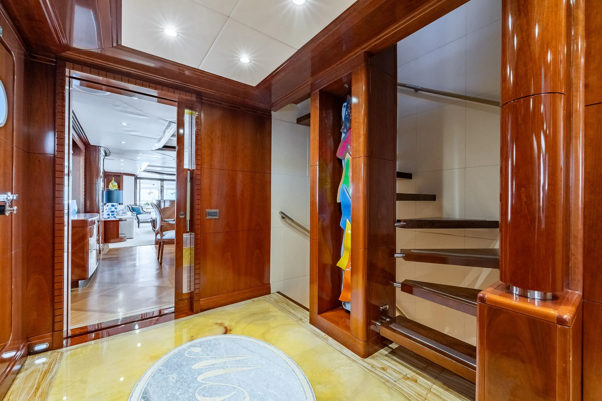 a room with a pool table and a door aboard GRAND CRU Yacht for Sale