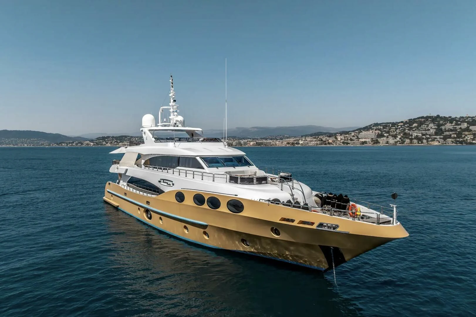 a white boat in the water aboard GRAND CRU Yacht for Sale