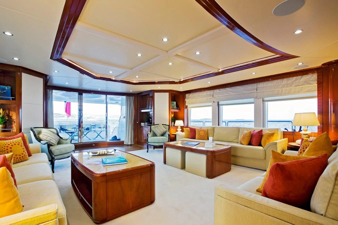 a living room with a large window aboard GRAND CRU Yacht for Sale