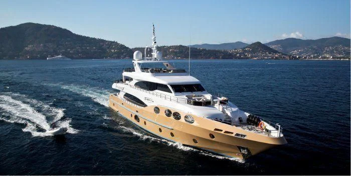 a white yacht on the water aboard GRAND CRU Yacht for Sale