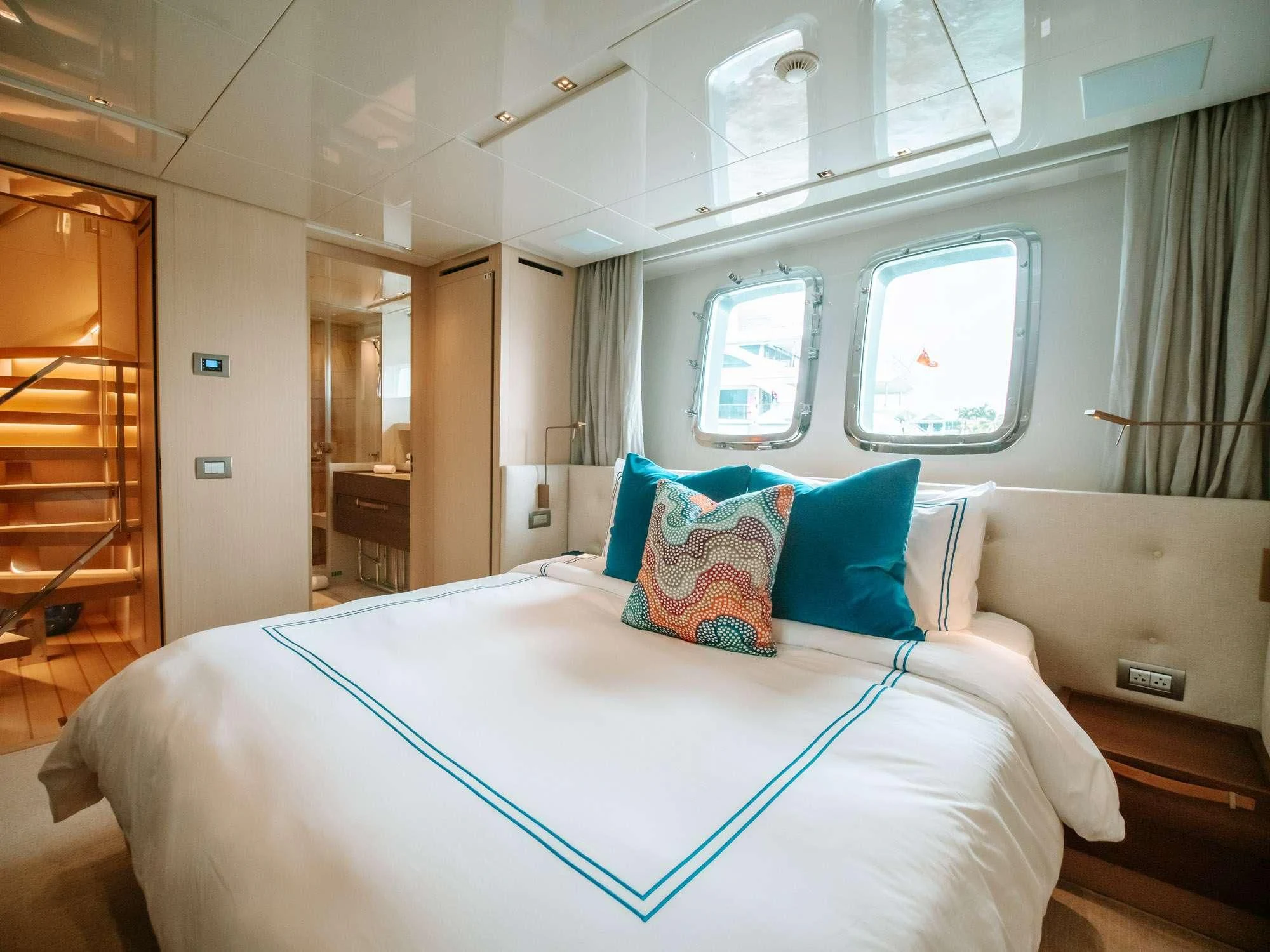 a bed in a room aboard FIFTY SHADES Yacht for Sale