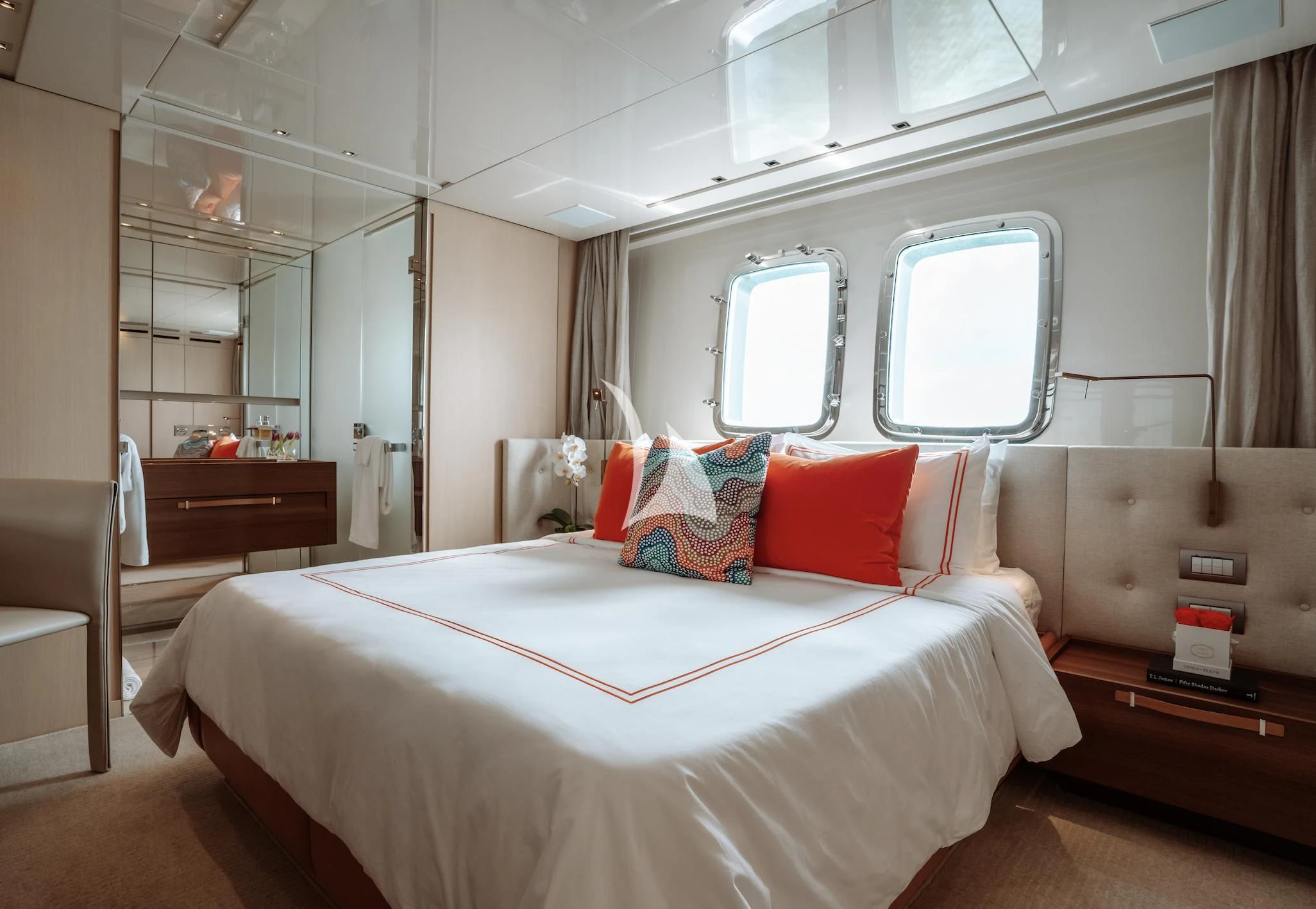 a room with a bed and a window aboard FIFTY SHADES Yacht for Sale