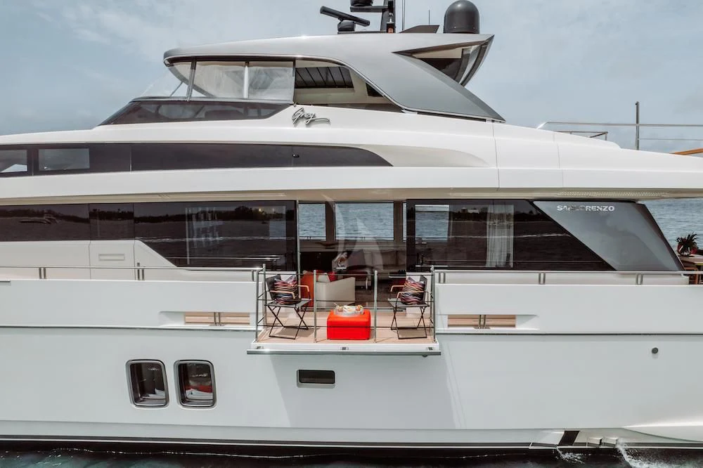 a large white yacht aboard FIFTY SHADES Yacht for Sale