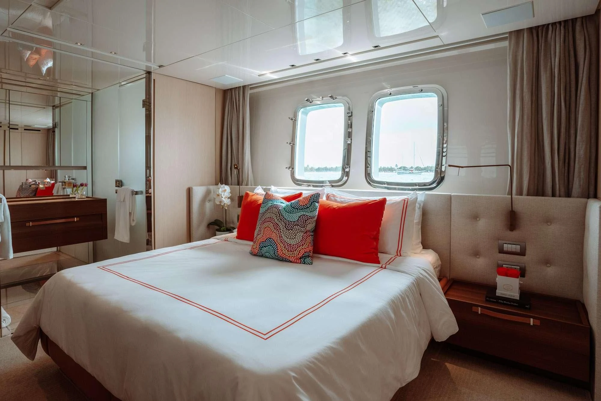 a bed in a room aboard FIFTY SHADES Yacht for Sale