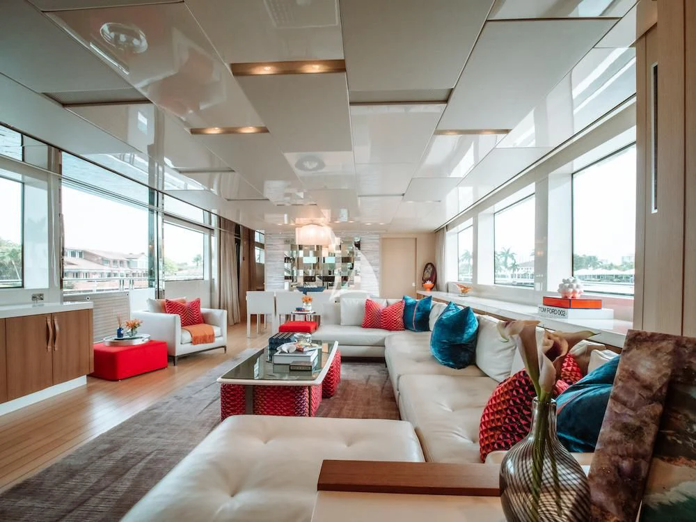 a living room with a large window aboard FIFTY SHADES Yacht for Sale