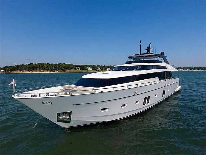 a white boat in the water aboard FIFTY SHADES Yacht for Sale