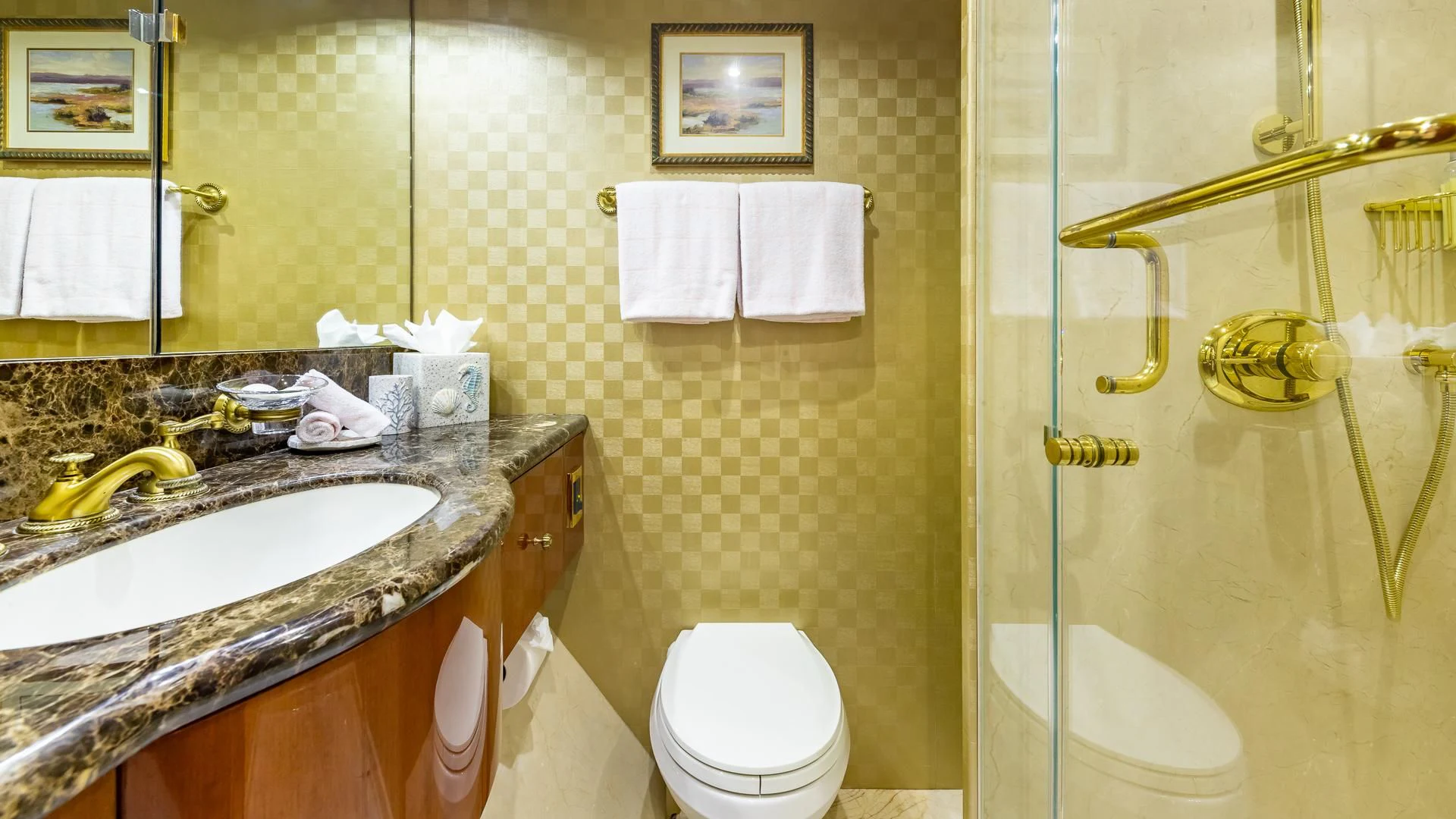 a bathroom with a sink toilet and a shower aboard HOPE FLOATS Yacht for Sale