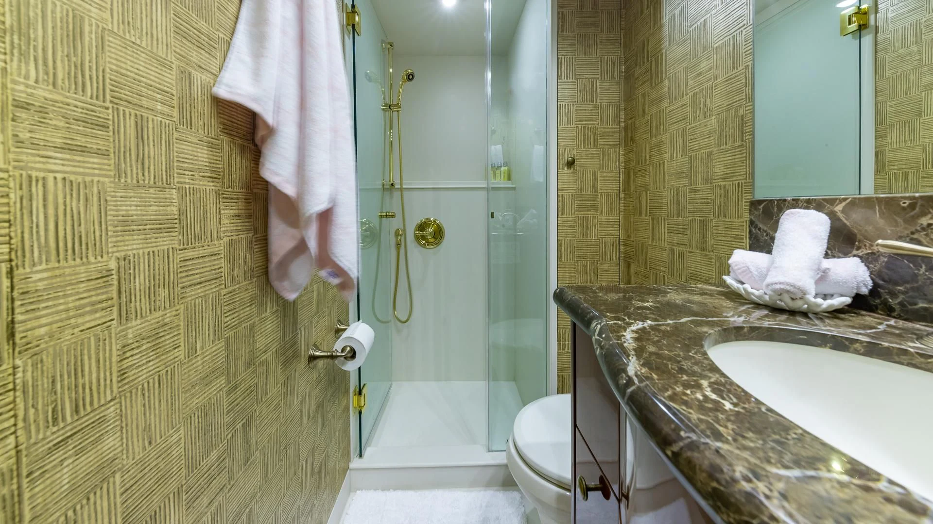 a bathroom with a sink and a shower aboard HOPE FLOATS Yacht for Sale