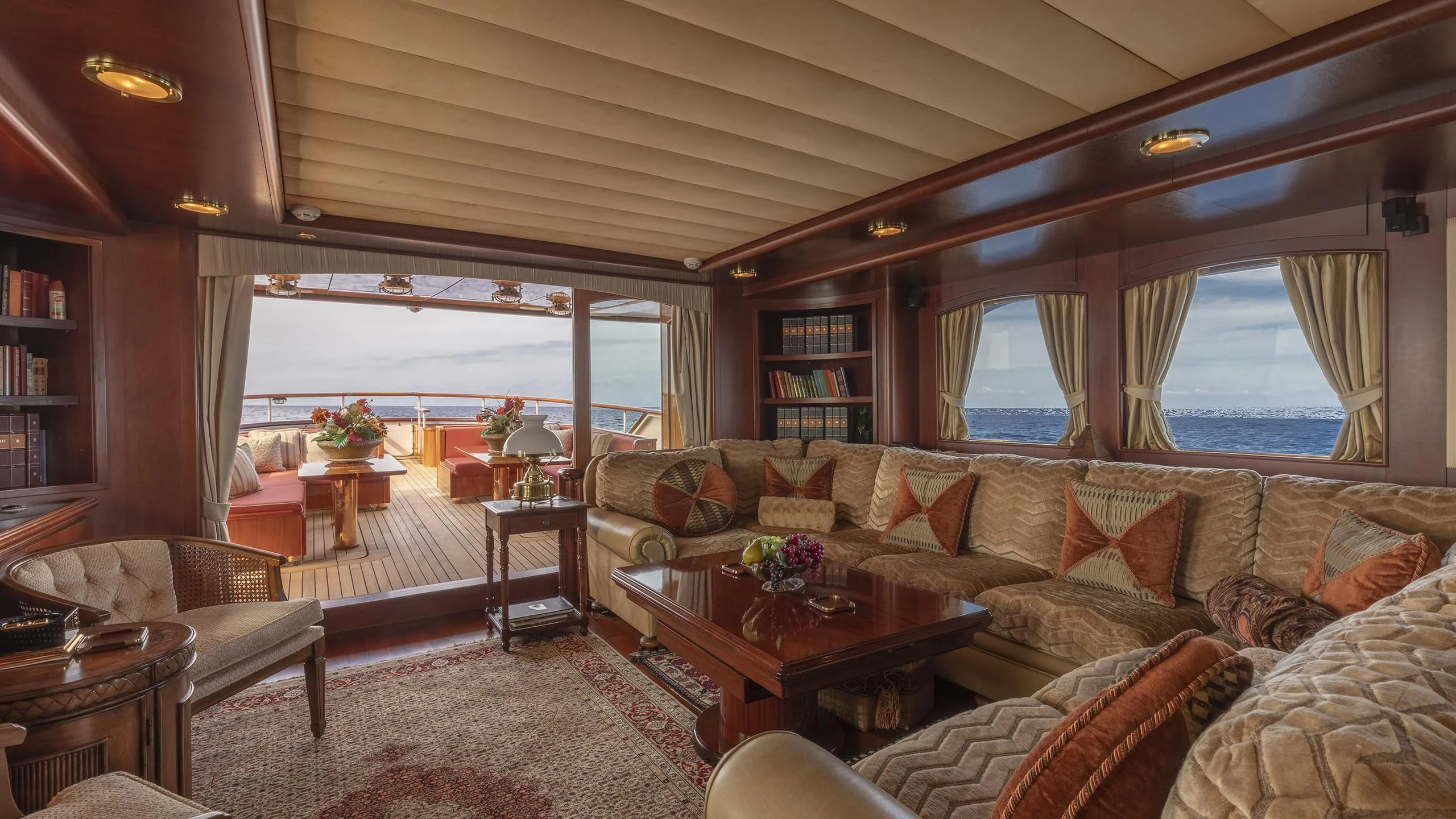 a living room with a large window aboard MONTREVEL Yacht for Sale