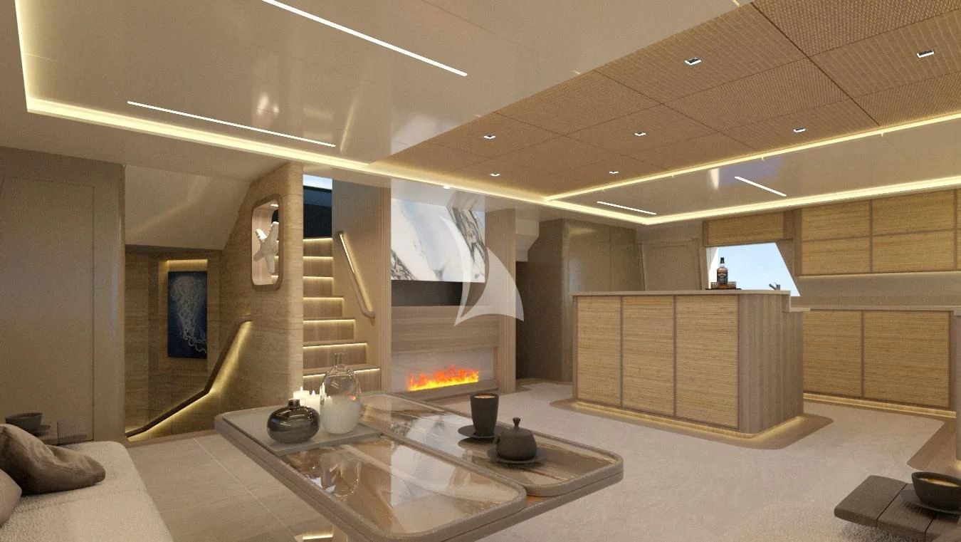 a room with a table and a tv aboard SAMARA Yacht for Charter