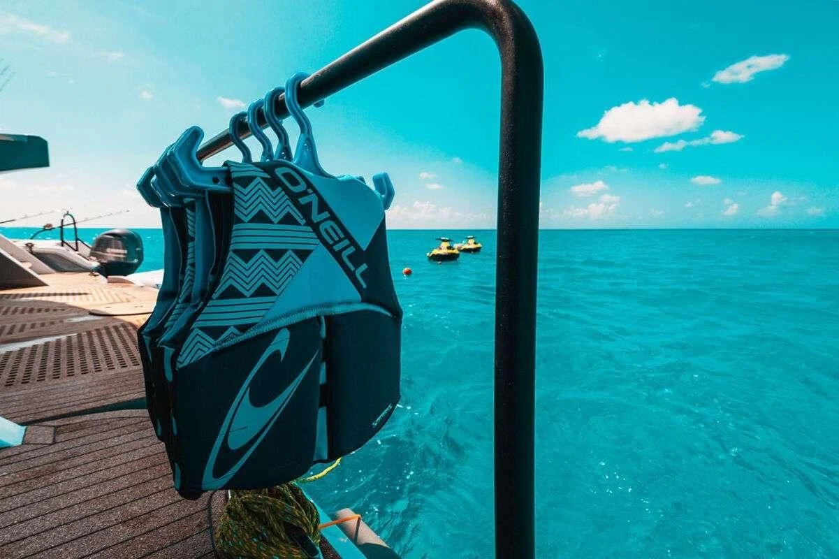 a backpack on a dock aboard SAMARA Yacht for Charter